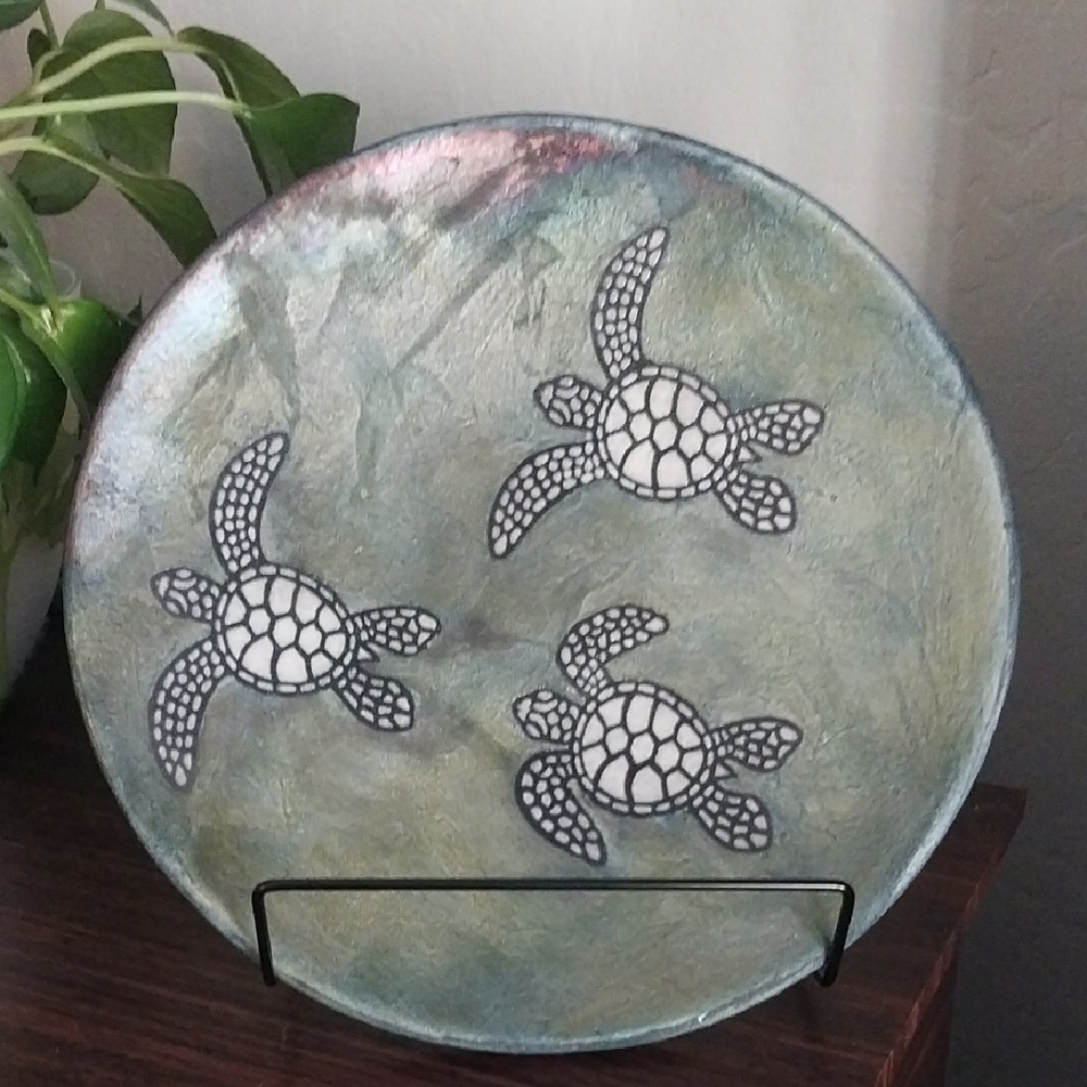 Handcrafted Sea Turtle Raku Pottery Dish Signed Christopher Matti